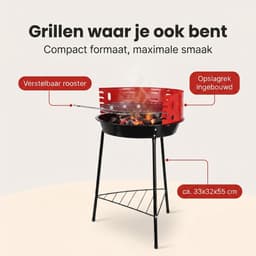 Cheqo® Houtskoolbarbecue - Houtskool Barbecue - Ronde Barbecue - Staande Barbecue - Houtskoolgrill - Tuinbarbecue - Compacte Barbecue voor Balkon en Camping - Barbecue met Verstelbaar Rooster - Houtskool BBQ - Zwart en Rood — thumbnail 3