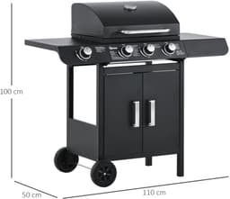 Gasgrill met 3 Branders en 1 Zijbrander, 110x50x100 cm, Stalen BBQ Wagen met Thermometer en Opbergruimte, Zwart — thumbnail 4