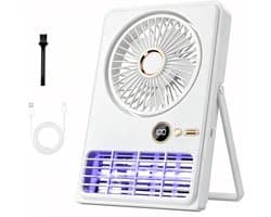 Tafelventilator-draagbare ventilator-bureau ventilator-buiten ventilator-draagbare oplaadbare ventilator - Ventilator met muggenlamp - 90° kantelbaar en inklapbaar - 5 instelbare snelheden - Geschikt voor bureaus, slaapkamers en kamperen - wit