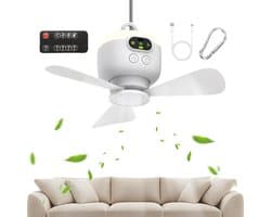 Draagbare Plafondventilator - Draadloze Ventilator - Kamperen en Buiten - Afstandsbediening - 25 cm - Wit