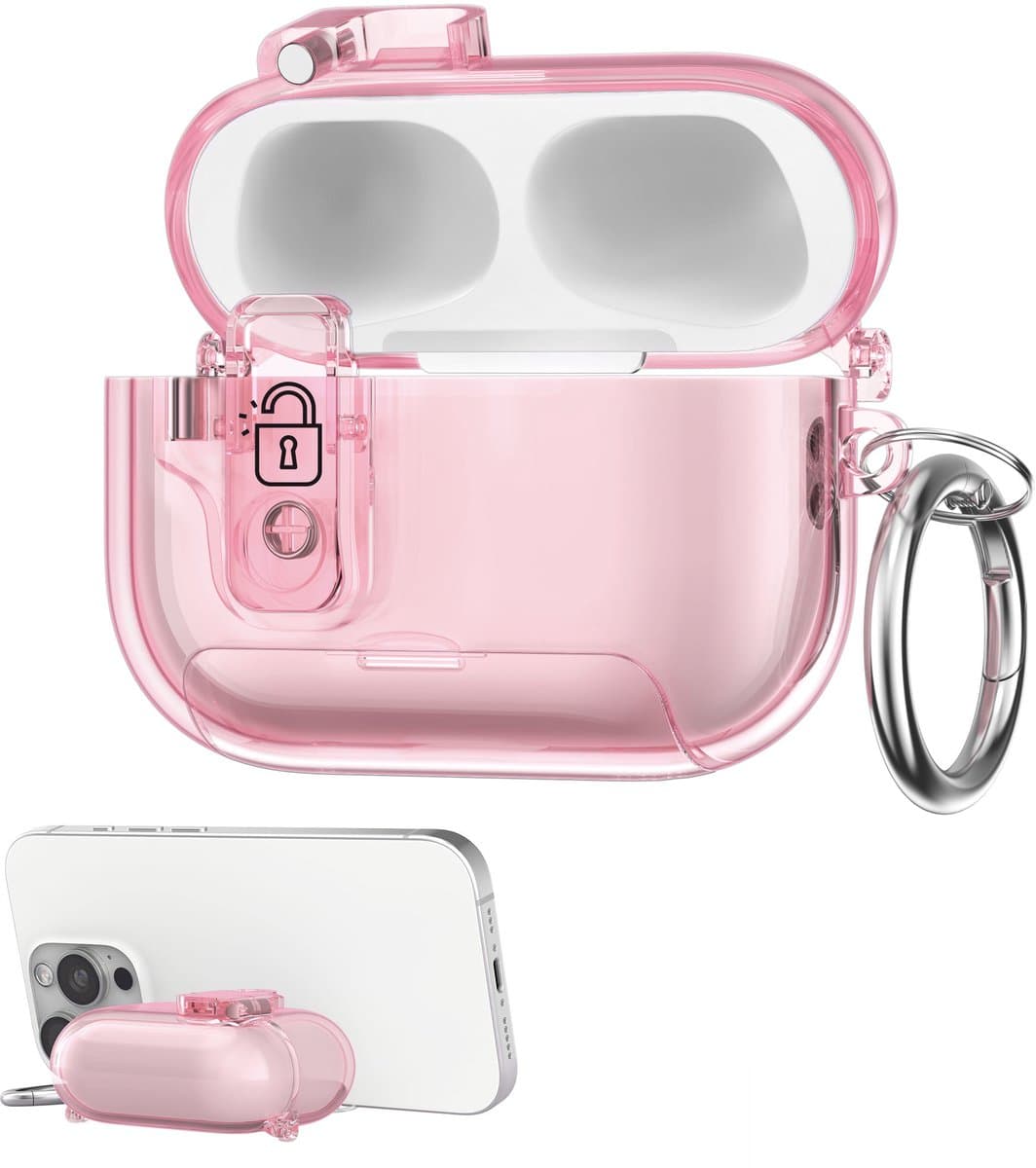 kwmobile Transparante hoofdtelefooncase voor Apple Airpods Pro 3 hoes - Headphones TPU cover met standaardfunctie en veiligheidsvergrendeling - poederroze — afbeelding 1