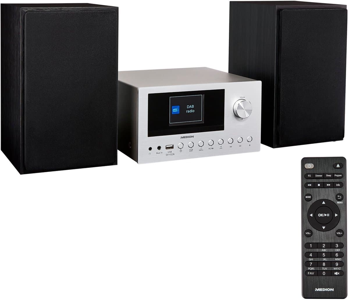 MEDION P85003 Micro audiosysteem (internetradio, DAB+, PLL FM-radio, Bluetooth, USB-aansluiting, AUX, 2x150 W) zilver — afbeelding 1