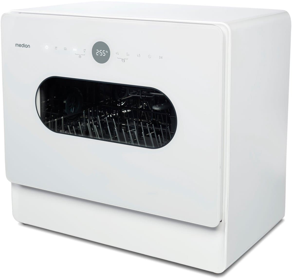 MEDION Mini Vaatwasser DWT51 (tafelmodel vaatwasser met touchbediening, emmerfunctie, 5 couverts, werkt met/zonder wateraansluiting, 7 reinigingsprogramma's, voorkeuze starttijd, MD 37766) wit — afbeelding 1