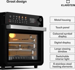 Klarstein Airfryer AirGlaze Digitale Heteluchtfriteuse – 34 L, 2000 W, 19 Programma’s, Rotisserie, Touchdisplay, 40–350 °C, Pizzasteen & Grillroosters, Dubbel Glasdeur, Zwart - voor Keuken - Timer - Heteluchtoven — thumbnail 3