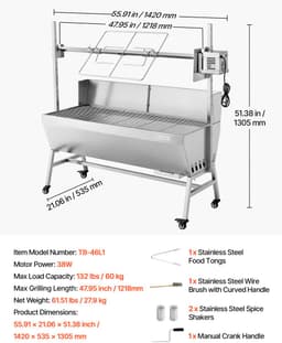 VEVOR Rotisserie Grill 38W Speenvarken Grill Lam Grill Houtskool Grill (1218 mm Grilllengte) met 60 Kg Draagvermogen & Wielen & 4-Voudige Hoogteverstelling & Beschermhoes, Elektrische Grillset Voor Kamperen — thumbnail 2