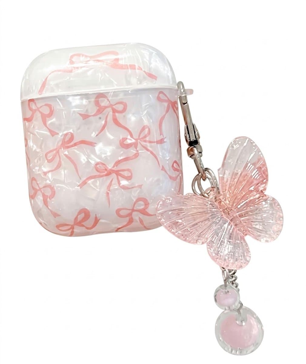 Wit transparant parelmoer hoesje voor oordopjes dames met roze strik patroon en vlinder hanger geschikt voor AirPods 4 hardcase beschermhoes — afbeelding 1