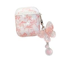Wit transparant parelmoer hoesje voor oordopjes dames met roze strik patroon en vlinder hanger geschikt voor AirPods 4 hardcase beschermhoes