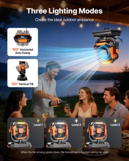 VEVOR Draadloze Campingventilator, 2400 Rpm Motor, Buitenventilator met Mistfunctie en 12l Watertank, 20000mah Batterij, 4 Snelheden & 3 Lichtstanden, Watergekoelde Mistventilator voor Kamperen, Vissen, Reizen — thumbnail 4