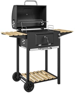 Premie Houtskool Barbecue - Smoker Barbecue - Barbecuegrill - Grillwagen - in Hoogte Verstelbare Houtskoolbak - Houtskoolgrill met Deksel, Flesopener, Thermometer, Planken - Verplaatsbaar - BBQ voor buiten, tuin - Zwart — thumbnail 1