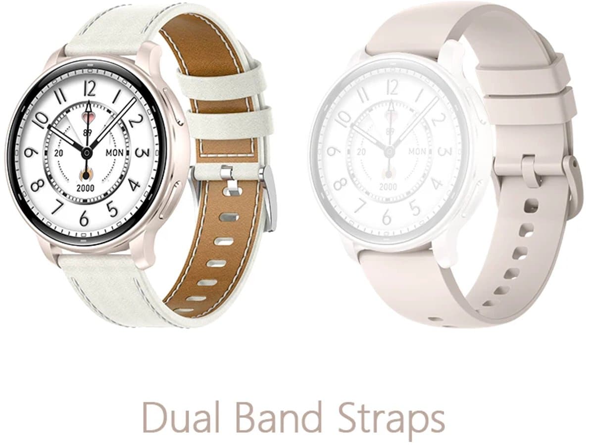 WizBay Premium Select® Smartwatch 1.32” AMOLED – GPS – 3ATM Waterdicht – Bluetooth Bellen – Bloeddruk, O2 & Hartslag – AI Voice Assistant – Kompas & Hoogtemeter – 50+ Sport Modi – Dual Band Wit Leder, Pale Pink — afbeelding 1