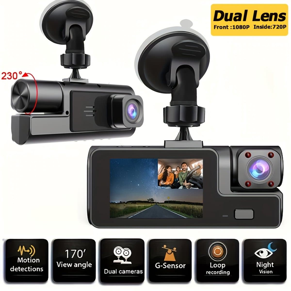 Dashcam voor in de auto met dubbele opnamefunctie voor en achter | Camera aan de voorzijde 1080P & ingebouwde camera 720P, 170° groothoek, nachtzicht, compacte dashcam, geschikt voor auto's, 24-uurs parkeerbewaking, — afbeelding 1