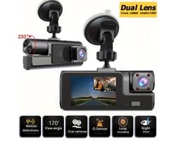 Dashcam voor in de auto met dubbele opnamefunctie voor en achter | Camera aan de voorzijde 1080P & ingebouwde camera 720P, 170° groothoek, nachtzicht, compacte dashcam, geschikt voor auto's, 24-uurs parkeerbewaking,