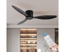 Plafondventilator 3 blad Ø105cm zwart - stille ventilator – top kwaliteit - energie zuinig – met remote - ventilator voor laag plafond - 6 snelheden – beste alternatief voor airco - zomer en winter stand – houten ventilator