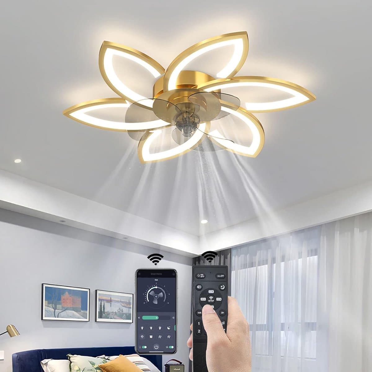 6 Sterren Plafondlamp Met Ventilator - Goud - Met Afstandsbediening - Smart lamp - Dimbaar Met App - 6 Standen Ventilator - Woonkamerlamp - Moderne lamp - Plafoniere — afbeelding 1