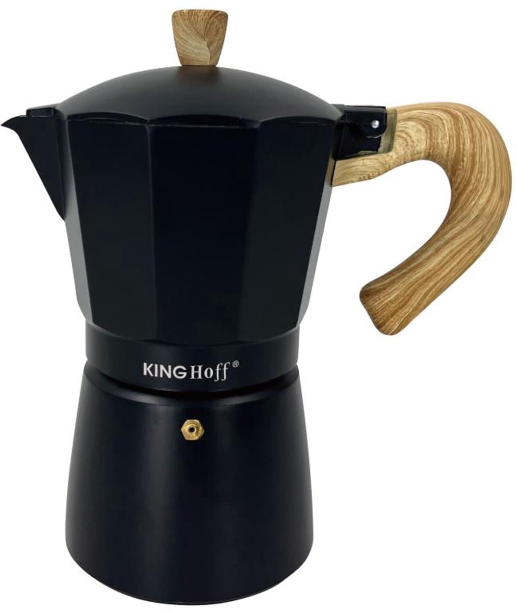 Kinghoff Aluminium Espressomaker KH-1886 – 6 Kopjes – Zwart Met Houten Handvat – Geschikt voor Inductie - 300ml - Percolator — afbeelding 1