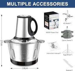 600 W Mini Food Chopper met 2 L RVS Kom - Drie Snelheden voor Keuken, Babyvoeding en Dierenvoeding — thumbnail 2