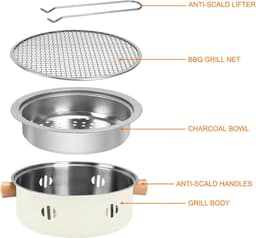Draagbare houtskoolgrill, mini-barbecuegrill uit één stuk, multifunctionele rookvrije ronde tafelbarbecue op houtskool, geschikt voor koken binnen en buiten, familiebijeenkomsten, picknicks en kamperen (beige). — thumbnail 5