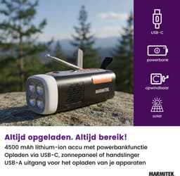 Marmitek RESQ 200 Noodradio – opwindbare en solar radio met DAB+, kleurenscherm en 360° LED-licht – Powerbank 4500 mAh (laden met 10W) – Waterbestendig en robuust – SOS-alarm – Ideaal voor camping, outdoor en noodpakket/noodsituaties — thumbnail 3