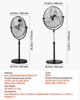 VEVOR Staande Ventilator 560mm Ventilator 3 Snelheden 115-147cm Hoogte Verstelbaar — thumbnail 3