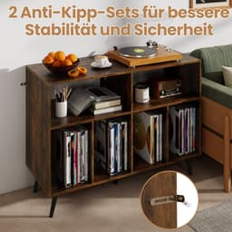 COSTWAY Draaitafel standaard met laadstation, draaitafel met vinyl opbergplanken, platenopbergtafel incl. 5 metalen poten, dressoir voor woonkamer, muziekkamer (bruin) — thumbnail 5