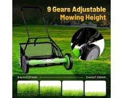 Handgrasmaaier – Handmaaier – Kooimesmaaier – Duwgrasmaaier – Gazonmaaier – 50,8 cm Maaibreedte – 9 Instelbare Maaihoogtes – 65-Mangaan Stalen Messen – Met Opvangzak – Groen