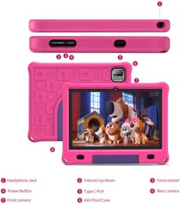 SnelShoppen - Kindertablet 10 inch Android 12 met 3GB RAM, 64GB opslag, IPS HD Scherm, Educatieve Apps, Kindveilige Hoes, Roze, Wifi — thumbnail 4