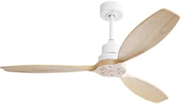 OKWISH Plafondventilator Fluisterstil – 132 Cm – Metaal En Hout – Wit – Zonder Verlichting Met Afstandsbediening En 6 Snelheden — thumbnail 4