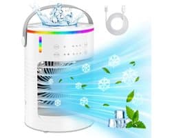 verdampingskoeler met 4 snelheden, vernevelingsfunctie, ijsblokjesvorm, watertank van 600 ml, ledverlichting in 7 kleuren en koelelement; stille ventilator, mini-airco zonder afvoerslang voor thuis, op kantoor en op reis.