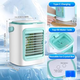 Mobiele Airco - 4-in-1 Luchtkoeler - Mini Airconditioner met 220ml Watertank - Bureauventilator met Verneveling & IJsvak - Stil - Voor Kantoor & Slaapkamer - Blauw — thumbnail 2