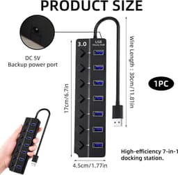 USB Hub - Verlenger Poorten - Apparaten Verbinden - 7 Poorten - 5 Gbps - Zwart — thumbnail 4