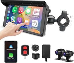 Motorfiets Carplay Scherm, Draadloos CarPlay & Android Auto Scherm, 5'' Waterdicht Touchscreen met 1080P Camera Voor en Achter, WiFi, GPS Navigatie, Bluetooth, TPMS, G-Sensor, Siri — thumbnail 1