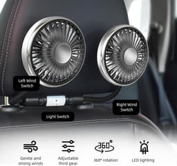 Elektrische autoventilator voor de achterbank - Draagbaar - Hoofdsteunmodel - 360° draaibaar - 12V - Dubbele ventilatorkoppen - USB-aansluiting — thumbnail 3
