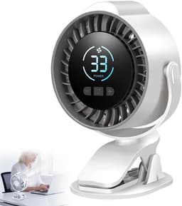 Clip-on USB-ventilator met 100 snelheidsinstellingen; 720° draaibare bureauventilator met led-display; stille, op batterijen werkende ventilator, Geschikt voor kinderwagens, kantoren en kamperen. — thumbnail 1