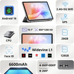 SnelShoppen - 10 Inch Android 16 Tablet met Octa-Core, 1280x800 HD IPS Scherm, 6600mAh, 2.4G 5G WiFi, Bluetooth 5.0, GPS, Ondersteuning Widevine L1, I — thumbnail 2