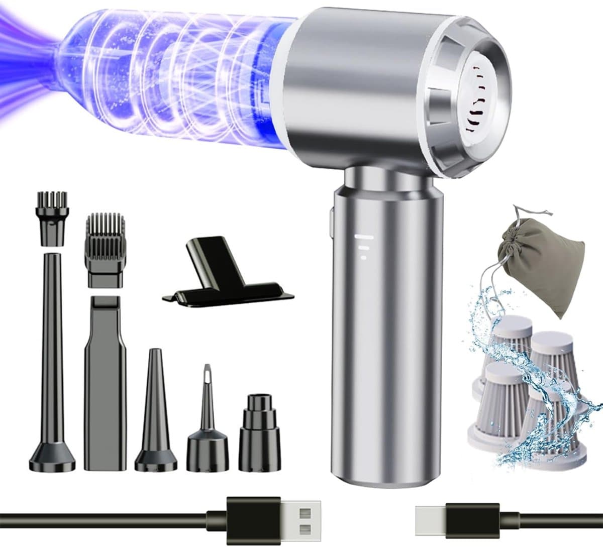 SNJY® Auto Stofzuiger - Kruimeldief - Handstofzuiger - Kruimelzuiger - 6 Opzetstukken - Zuigen en Blazen - 22000Pa - 120W - Grijs — afbeelding 1