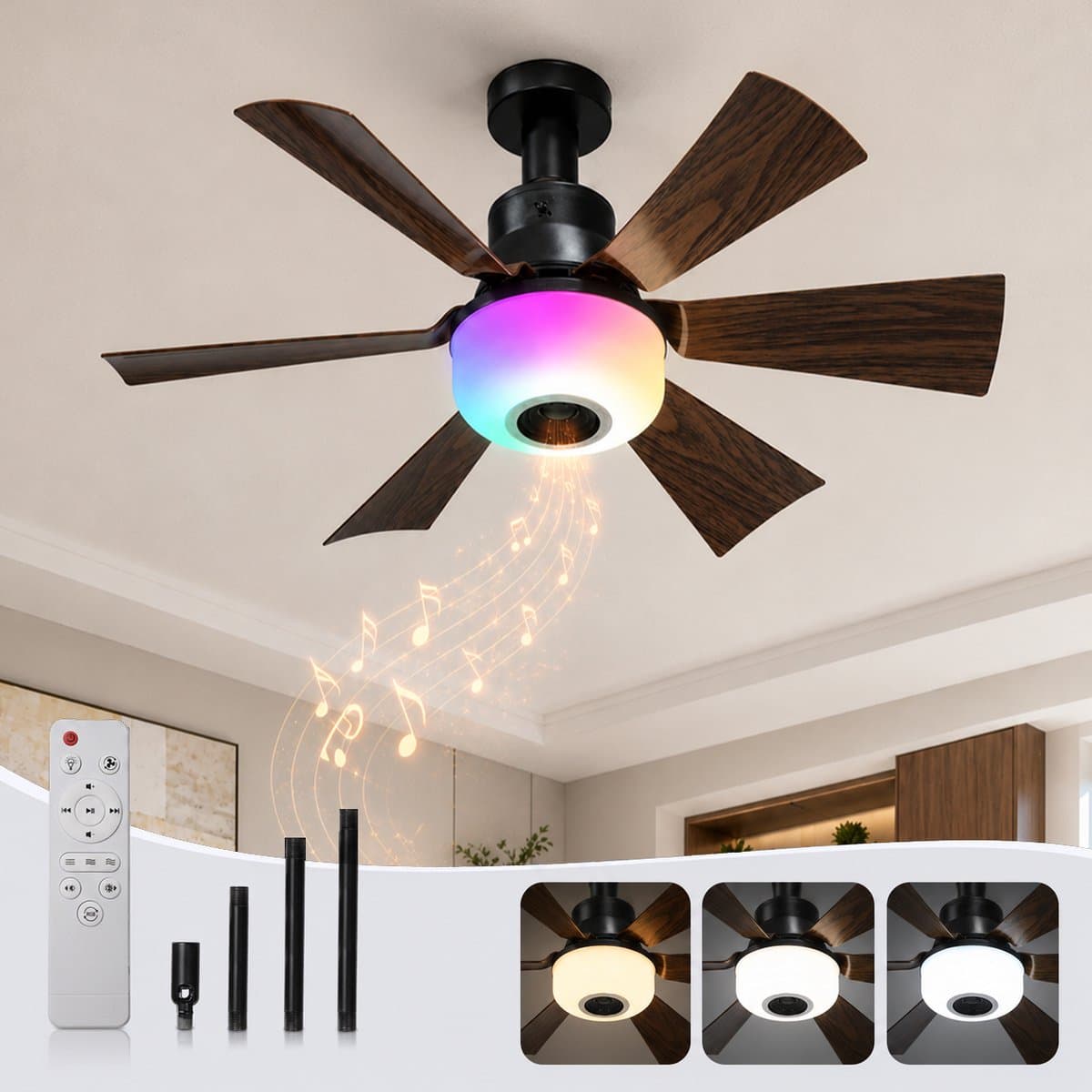 Rosnek E27 Plafondventilator met Lamp - Socket Fan met Bluetooth Speaker - RGB LED Plafondlamp - Afstandsbediening - 3 Snelheden - Verstelbare Hoogte - Kantelbare Ventilator - Ø52 cm — afbeelding 1
