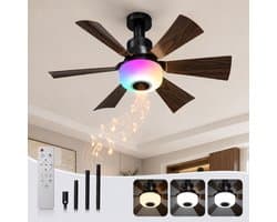 Rosnek E27 Plafondventilator met Lamp - Socket Fan met Bluetooth Speaker - RGB LED Plafondlamp - Afstandsbediening - 3 Snelheden - Verstelbare Hoogte - Kantelbare Ventilator - Ø52 cm