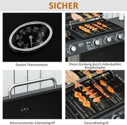Gasgrill met 3 Branders en 1 Zijbrander, 110x50x100 cm, Stalen BBQ Wagen met Thermometer en Opbergruimte, Zwart — thumbnail 2