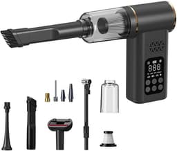Draadloze 5-in-1 autostofzuiger met draagbare bandenpomp, voorzien van LED-verlichting en digitale drukmeter, krachtige handstofzuiger geschikt voor auto's, dierenharen, motorfietsen, ballen, enz. (Zwart) — thumbnail 1