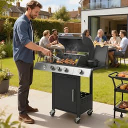 Gasbarbecue - Gasbarbecue en grill - 3+1 Branders - 10,5 kW - Grillwagen - Barbecuewagen - met Grillrooster, Wielen, Bijzettafels, Thermometer, Opvangbak en Warmhoudplaten - 109 x 50 x 109 cm - Zwart — thumbnail 4