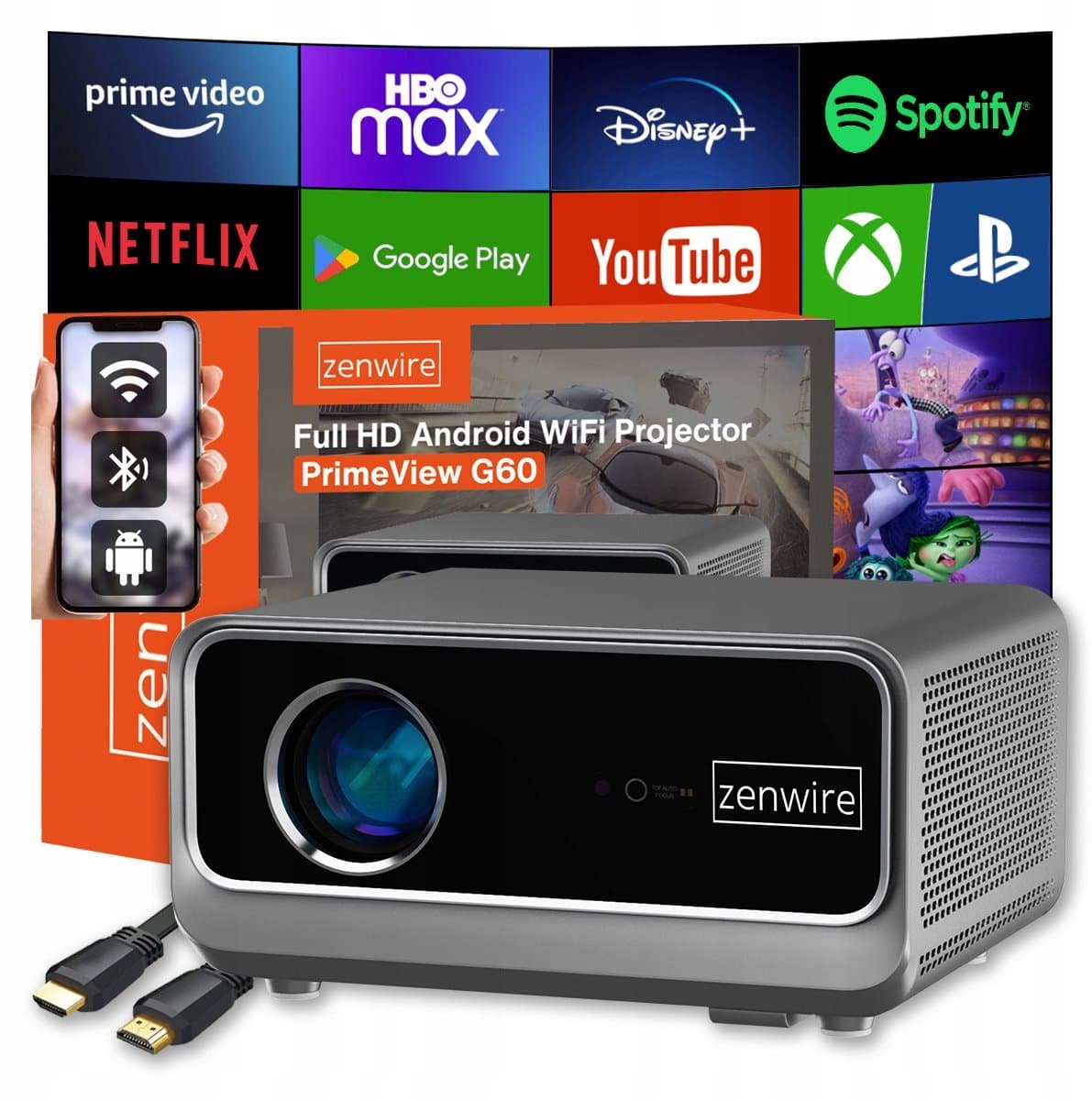 Zenwire G60 Beamer - Full HD 1080p 4K Support - Officiële Google TV Android 14 - 1300 ANSI Lumen - Contrast 10000:1 - WiFi 6 - Bluetooth - Smart Mini Projector — afbeelding 1