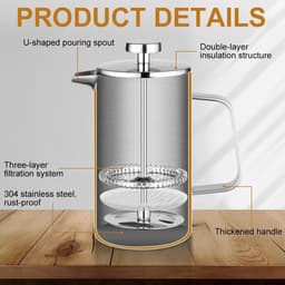 French Press koffiezetapparaat 350 ml - Roestvrij staal - Met filters en lepel - Thuis, camping, reizen. — thumbnail 3