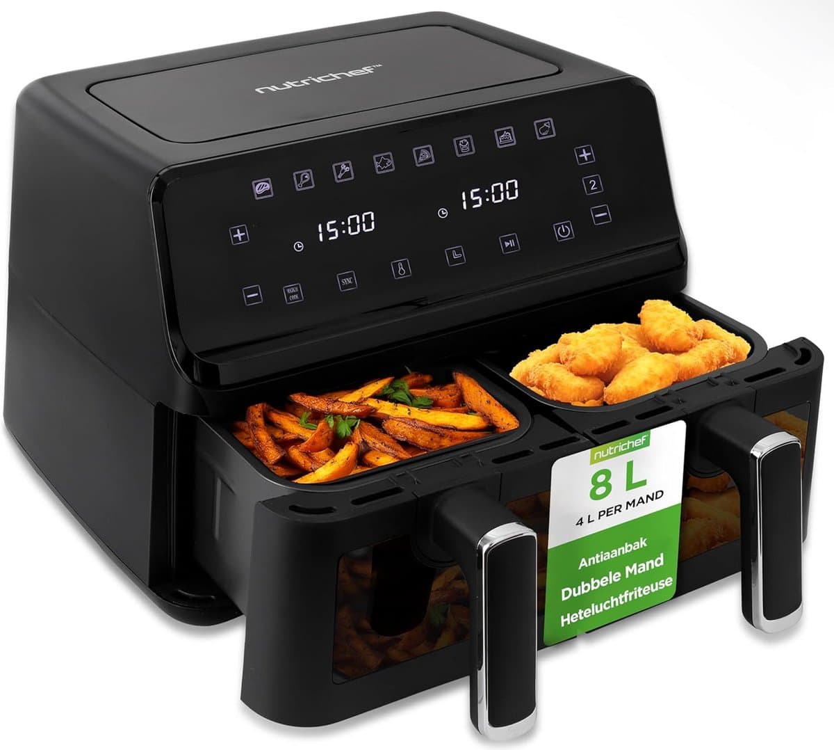 Dubbele Airfryer - Heteluchtoven Snacks - Gezond Koken - Twee Manden - 8 Liter Capaciteit - Zwart — afbeelding 1