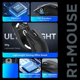 ATTACK SHARK R1 - Superlight Gamingmuis - 59g Ultralicht - PixArt PAW3311 Sensor - BT & 2.4G Draadloos & Bedraad - 6 Instelbare DPI Tot 18000 - 65 uur Batterij - Zwart — thumbnail 5