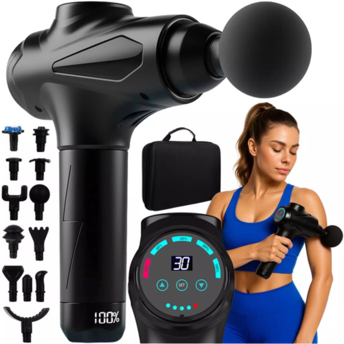 Isomedix massage gun zwart – 30 intensiteitsniveaus met 12 opzetstukken en draagkoffer — afbeelding 1