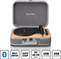 Classic Phono Retro Platenspeler - Vinyl Koffer met Bluetooth - Auto-stop - TT-116GY - Grijs — thumbnail 4