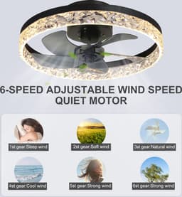 Kristallen Ventilator Lamp - Smart Lamp - 6 Standen Ventilator - Zwart - Dimbaar met App - Plafondventilator — thumbnail 3
