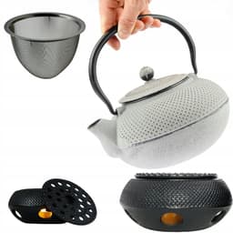 Gietijzeren theepot 1.5L met brander en RVS zeef - Zwart/Grijs — thumbnail 4