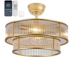 Plafondventilator met Verlichting 50x50x39 cm – Ventilatorlamp met LED-Verlichting – Voor Slaapkamer – Goud + Glass