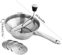 Deze roestvrijstalen keukenmachine wordt geleverd met drie maalschijven, een handmatige maalschijf en een opzetstuk voor het maken van puree. — thumbnail 2
